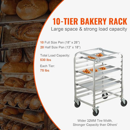 VEVOR 10-Tier Bun Pan Rack, Aluminum Racking Trolley Storage with Brake Wheels, Commercial Bakery Racks for Half & Full Sheet, Speed Rack For Kitchen Home, Bread Baking Equipment, 26"L x 20.3"W x 39"H - Image 3