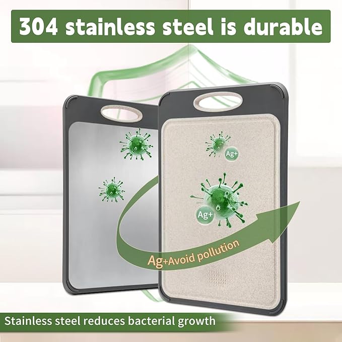 Cutting Board Double Sided,Large Stainless Steel Cutting Boards,Wheat Straw Cutting Boards for Kitchen,for Meat, Veggies, Fruits, with Easy Grip Handle,Dishwasher Safe (1, Large) - Image 4