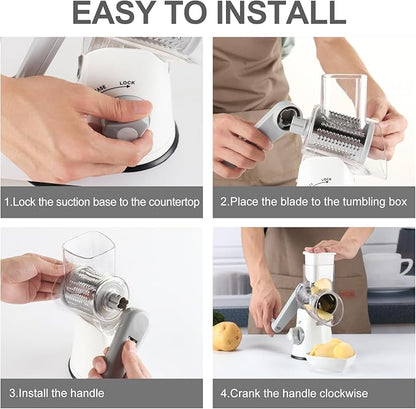 Cambom 5 in 1 Rotary Cheese Grater Hand Crank Cheese Shredder for Fresh Cheese, Vegetable, Nuts,Non-slip Suction Base, Five Blades, White - Image 8