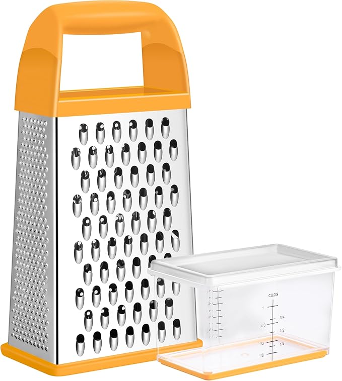 Urbanstrive Cheese Grater With Container, Professional Cheese Grater with Handle, Stainless Steel Graters for Kitchen Handheld, Box Grater with 4 Sides for Vegetables, Ginger, Potatoes (Orange) by Urbanstrive