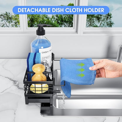 Kitchen Sink Sponge Holder, Rustproof Non-Slip Self-Draining Metal Sink Caddy with Detachable Dish Cloth Holder (Black) - Image 6