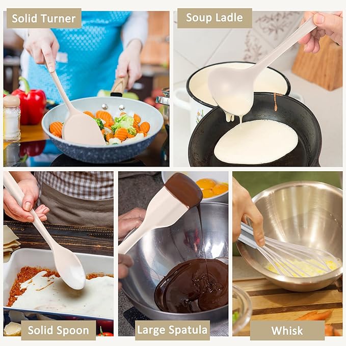 10 Pack Kitchen Utensils Set for Cooking, Leonyo Silicone Cooking Utensils Set, 446°F Heat Resistant Silicone Kitchen Tool with Turner Spatula, Soup Ladle, Serving Spoon for Nonstick Cookware - Khaki