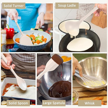 10 Pack Kitchen Utensils Set for Cooking, Leonyo Silicone Cooking Utensils Set, 446°F Heat Resistant Silicone Kitchen Tool with Turner Spatula, Soup Ladle, Serving Spoon for Nonstick Cookware - Khaki