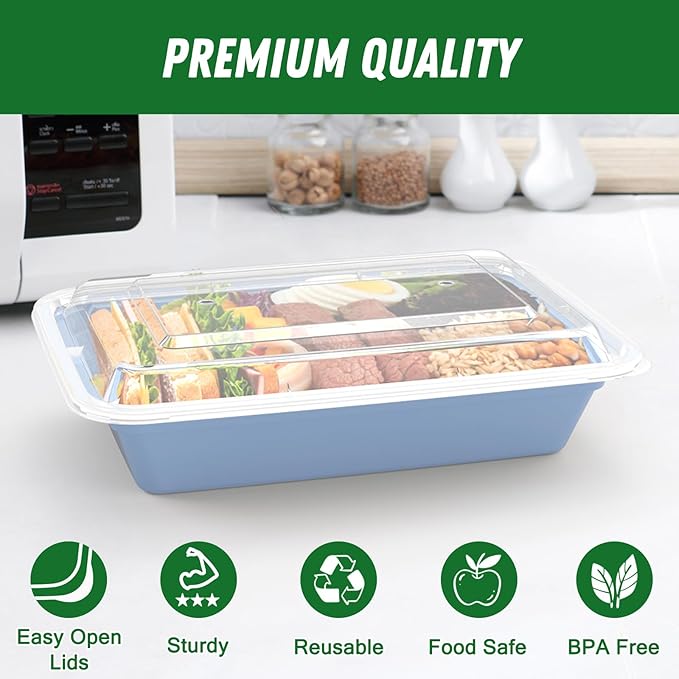50 Pack (100-Piece) 32 oz Meal Prep Containers Reusable with Easy Open Lids, Sturdy Leakproof Food Safe, Microwave Freezer Dishwasher Safe, To Go Take Out Plastic Food Storage Pans with Lids, Blue - Image 3