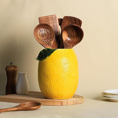 Lemon Shaped Ceramic Kitchen Utensil Holder, Large Cooking Utensil Crocks for Kitchen Countertop, Ceramic Utensil Organizer for Spatula-A