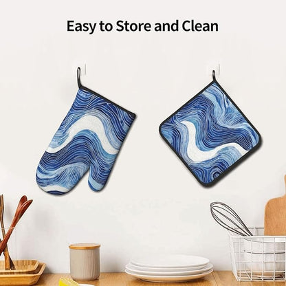 Blue and White Ocean Wave Oven Mitts and Pot Holders Sets of 3, Heat Resistant Non-Slip Washable Coastal Blue White Kitchen Gloves Hot Pads Gift for Baking Cooking Grilling Enthusiasts, Kitchen Decor - Image 5