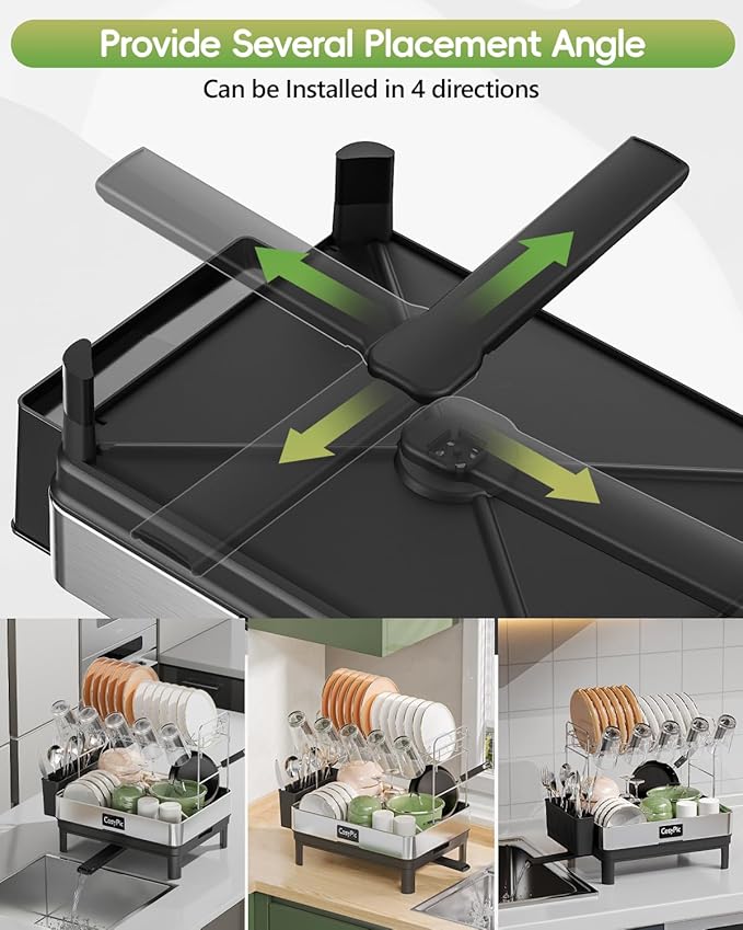 2 Tier Dish Drying Rack, Thicker Premium 304 Stainless Steel Dish Racks for Kitchen Counter, Automatic Drainage Spout, Dish Drainer & Drainboard Set with Utensil Holder and Cup Holder, Black - Image 4