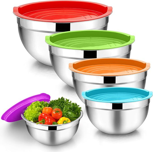 TeamFar Mixing Bowls, 4.5/3/1.5/1/0.7 QT, Stainless Steel Metal Nesting Salad Bowl with Lid Set of 5, Ideal for Prepping Serving, Healthy & Sturdy, Airtight Lid & Easy Clean, Multi-Color by TeamFar