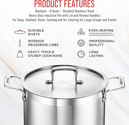 Stainless Steel Stockpot with Lid 8 Quart, Durable 18/8 Stainless Steel, Impact-Bonded Base for Even Heating, Riveted Handles, Oven & All Stove Compatible, Safe Up To 500°F (260°C) - Image 7