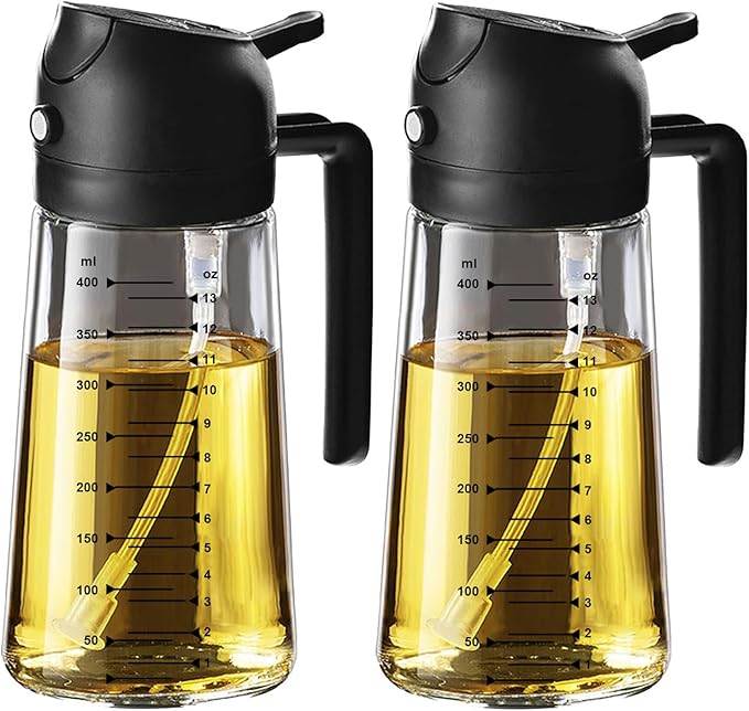 TrendPlain 16oz/470ml Glass Olive Oil Sprayer for Cooking – 2 in 1 Olive Oil Dispenser Bottle for Kitchen Gadgets and Air Fryer Accessories, Salad, BBQ - 2 Black by TrendPlain