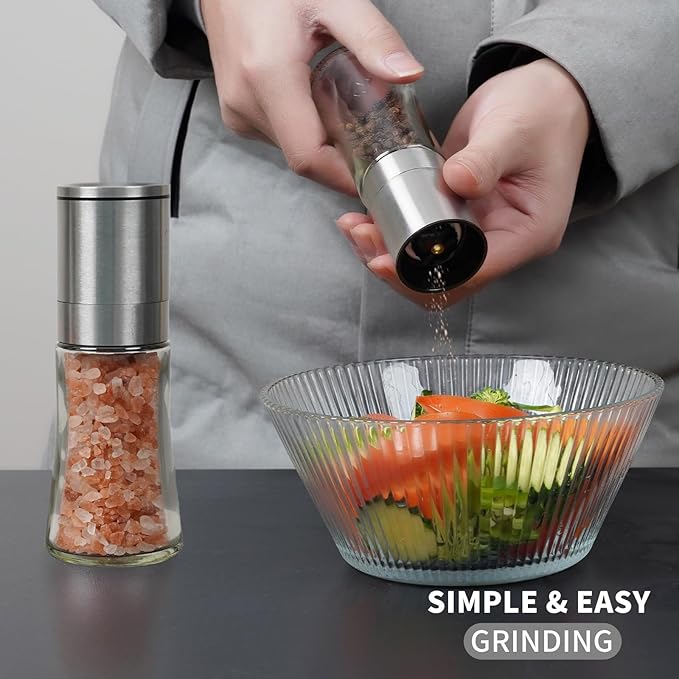 Salt and Pepper Grinder Set of 2 - Adjustable Sea Salt Grinder, Pepper Mill Grinder, Salt and Pepper Shakers - Small Salt and Pepper Grinder Set with Stainless Steel Cap and Glass Container - Image 2