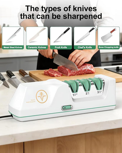 Electric Knife Sharpener with Replaceable Sharpening Head Easy to Change, 3-Stage & 15° Precision Angle Diamond Sharpening System for Metal Knives, Ceramic knives, Exquisite Gifts and Packaging