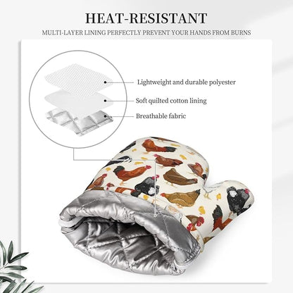 Rooster Hen Oven Mitts and Pot Holders Sets Silicone Rustic Domestic Animal Chicken Kitchen Mitts Potholders Heat Resistant 4Pcs Oven Gloves Hot Pads for Kitchen Baking Cooking BBQ Grilling