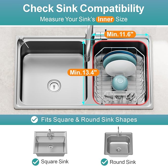 GSlife Small in Sink Dish Drying Rack - Stainless Steel Compact Dish Drainer for RV Kitchen Apartment Sink, Rust Resistant Inside Sink Rack, 1–2 Person Households, 11.6" W x 13.4" L - Image 3