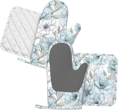 Oven Mitts and Pot Holders Set, Vintage Pastel Flower Peony Silicone Kitchen Accessories 4 Piece Heat Resistant Long Gloves Potholder Non-Slip Grip for Chef Cooking Baking Grilling BBQ