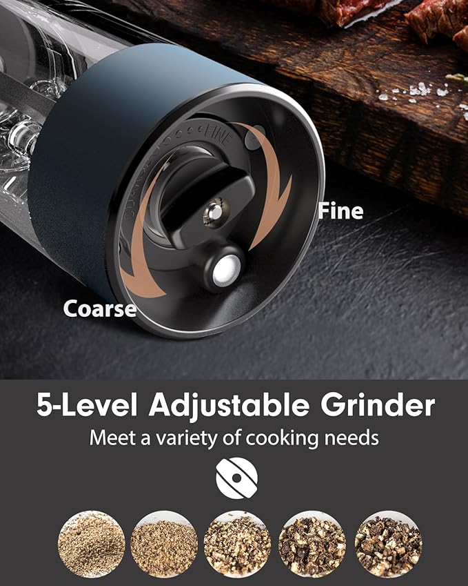 TOMEEM Upgraded Larger Capacity Electric Salt and Pepper Grinder Set Rechargeable with LED lights, Stainless Steel Automatic Pepper and Salt Grinder Refillable with 5 Adjustable Coarseness Blue - Image 4