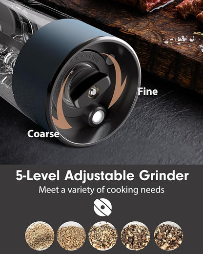 TOMEEM Upgraded Larger Capacity Electric Salt and Pepper Grinder Set Rechargeable with LED lights, Stainless Steel Automatic Pepper and Salt Grinder Refillable with 5 Adjustable Coarseness Blue - Image 4