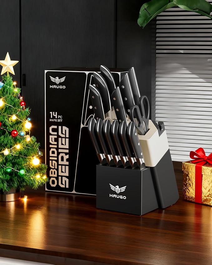 Kitchen Knife Set with Block: 14-Piece German Stainless Steel Full Tang Professional Knife - Comfortable Grip Reduces Hand Fatigue 30% - Dishwasher Safe & Sharpener - Black Knife Set for Cooking