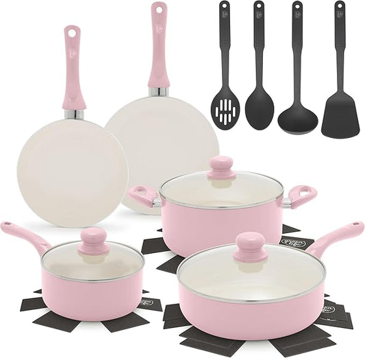 GreenLife 16-Piece Nonstick Cookware Set, Non-Toxic Ceramic Pots and Pans Set, Durable Healthy Kitchen Essentials, Fast Heating, Induction Ready, Easy Clean Dishwasher Safe, PFAS-Free, Blush Pink