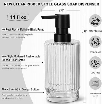 VIMERPA Glass Soap Dispenser with Pump, 11 fl oz Clear Hand Soap Dispensers for Bathroom, Ribbed Style Dish Soap Dispenser for Kitchen, Modern Refillable Liquid Soap Pump Bottle