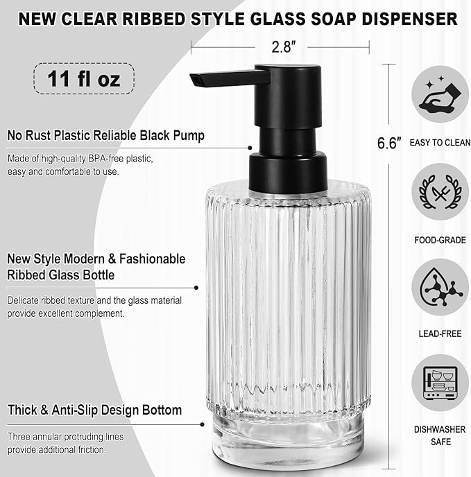 VIMERPA Glass Soap Dispenser with Pump, 2 Pack 11 fl oz Clear Hand Soap Dispensers for Bathroom, Ribbed Style Dish Soap Dispenser for Kitchen, Modern Refillable Liquid Soap Pump Bottle
