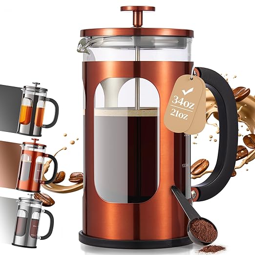 Veken French Press Coffee Maker 34oz 1 L, No Plastic Touching Cafe, Heat Resistant Thickened Borosilicate Glass, Stainless Steel Brewer, Cold Brew Cafetera Teapot for Kitchen Travel Camping, Copper by Veken
