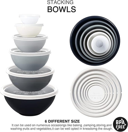 Greentainer Plastic Mixing Bowls with Lids Set for Kitchen, 6 Set Nesting Bowls for Mixing, Baking, Prepping, Cooking and Serving Food, Mixing Bowls Dishwasher, Microwave Safe