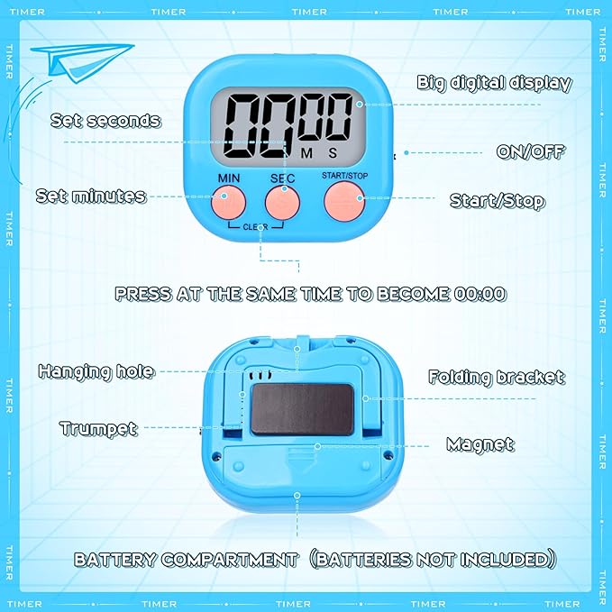 Mwellewm Digital Kitchen Timer 12 Packs Magnetic Classroom Stopwatch Timer 6 Colors Small Digital Countdown Timers for Cooking Mini Loud Alarm Stop for Kitchen Study Work Sports Games Office Clock - Image 7