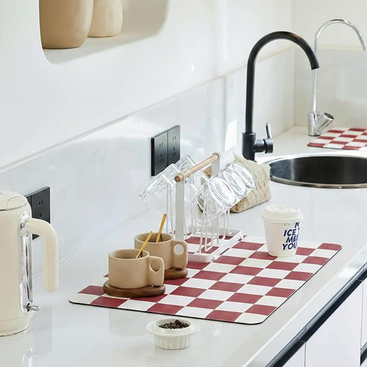 Ohocut Red Checkered Dish Drying Mat for Kitchen Counter, Coffee Bar Station Accessories, Retro Cute Aesthetic Modern Absorbent Drainer Mat Kitchen Drying Mat Easy Clean 19" x 12" by Ohocut
