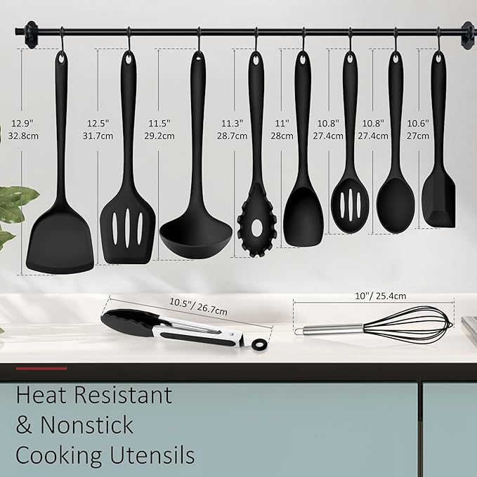 Silicone Cooking Utensils Set of 10, Leonyo Black Kitchen Utensils Set for Cooking, 446°F Heat Resistant Silicone Kitchen Tools with Turner Spatula, Soup Ladle, Serving Spoons for Nonstick Cookware