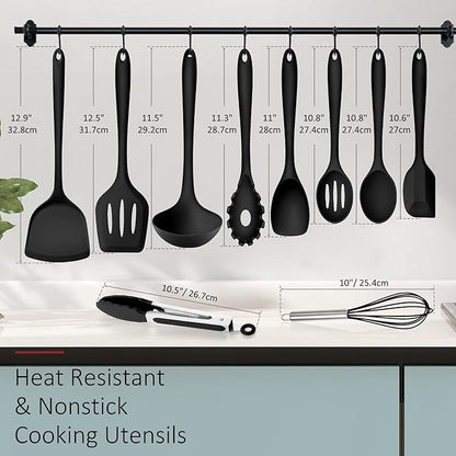 Silicone Cooking Utensils Set of 10, Leonyo Black Kitchen Utensils Set for Cooking, 446°F Heat Resistant Silicone Kitchen Tools with Turner Spatula, Soup Ladle, Serving Spoons for Nonstick Cookware