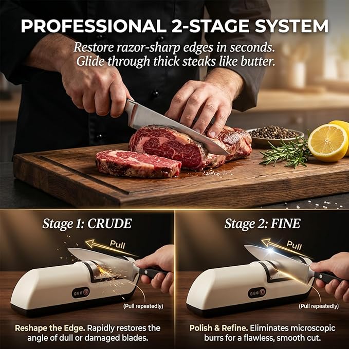Professional Kitchen Knife Sharpener, Cordless Electric 2-Stage Precision System (Fine & Ultra-Fine), USB Rechargeable Tool-Grade Design for Kitchen Knives & Scissors, Quiet, Safe to Use - Image 6