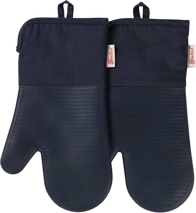 YUTAT Silicone Oven Mitts,High Heat Resistant Up to 500 Degrees,Waterproof Cooking Gloves with Soft Polyester Filling,Kitchen Potholder Set - Perfect for BBQ,Baking and Cooking,DKBlue,2 Pcs Set by YUTAT