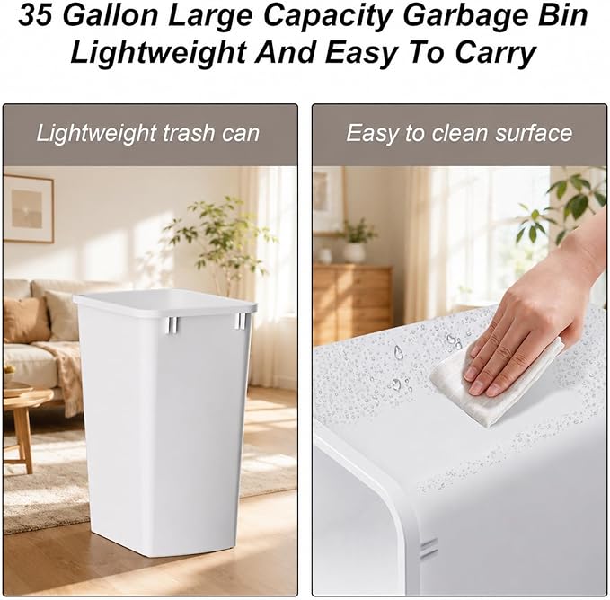 ROOMTEC 35QT Kitchen Trash Can, Sturdy and Lightweight Slim Trash Can, Trash Cans for Kitchen, Workspace, Bathroom, Office, Easy to Clean, 2-Pack, White