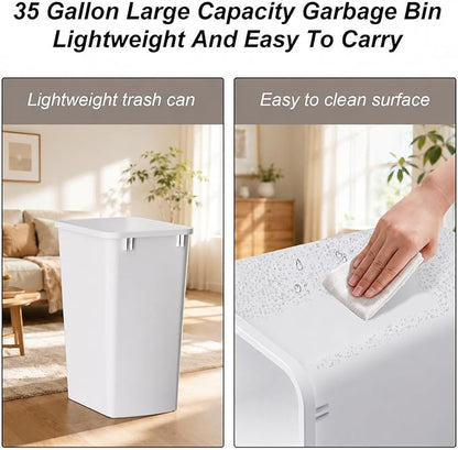 ROOMTEC 35QT Kitchen Trash Can, Sturdy and Lightweight Slim Trash Can, Trash Cans for Kitchen, Workspace, Bathroom, Office, Easy to Clean, 2-Pack, White
