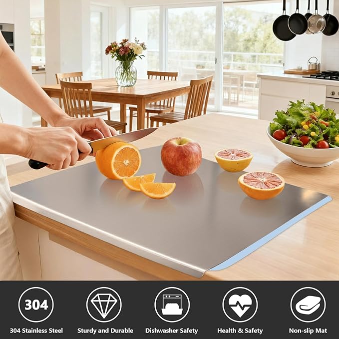 Large Stainless Steel Cutting Boards for Kitchen, Chopping Boards with Blue Non-slip Mat, Cutting Board with Counter Lip for Meat, Fruits, Vegetables, Bread,Dough(15.75" × 11.81")
