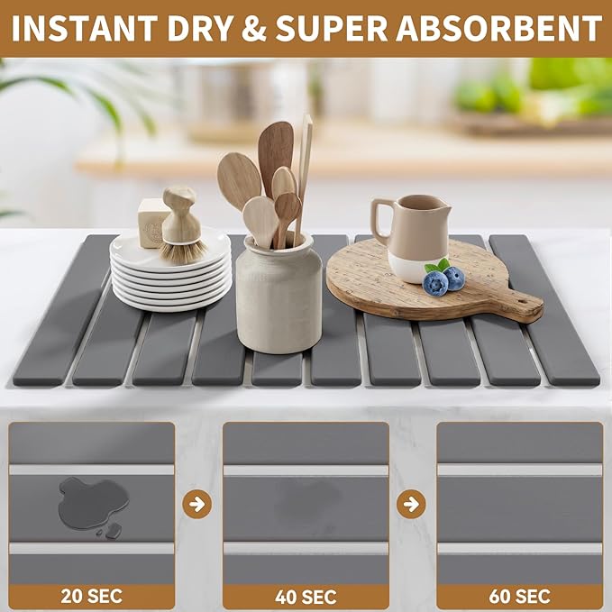 Stone Dish Drying Mats for Kitchen Counter,23.6''x15.3'' Foldable Quick Dry Stone Mat Kitchen,Eco-Friendly,Absorbent Diatomaceous Earth Mats for Dishes Bottles Cups Bathroom Any Countertop-Dark Gray - Image 3