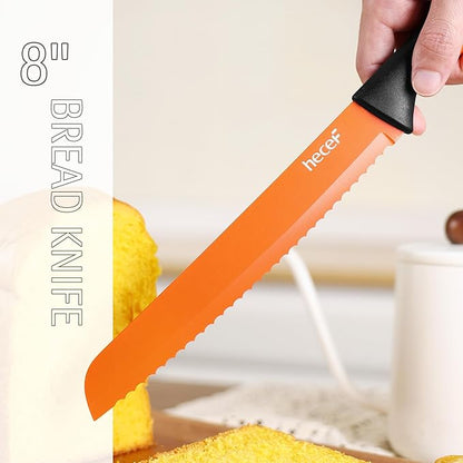 hecef 14 Pieces Kitchen Knife Set with Built-in Sharpening Wooden Block, Dishwasher Safe, High Carbon Stainless Steel Knife Block Set with Steak Knives, Kitchen Scissors (Orange)