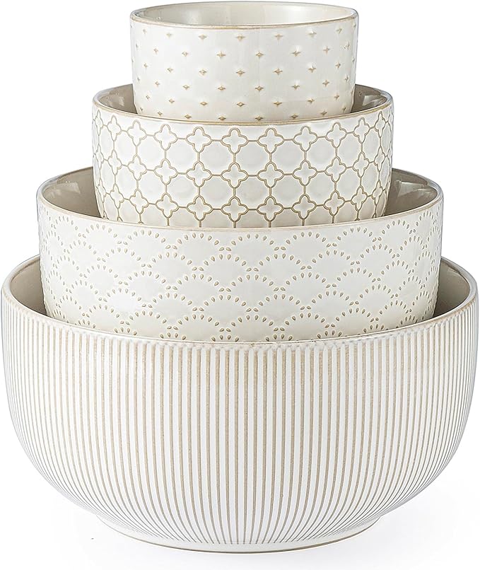 Mikiegy Ceramic Mixing Bowls Set of 4, Nesting Ceramic Embossment Stoneware Mixing Bowls for Cooking, Serving, Popcorn, Salad etc, Microwave & Dishwasher Safe, 20/44/98/145 oz, Off-White by MIKIGEY