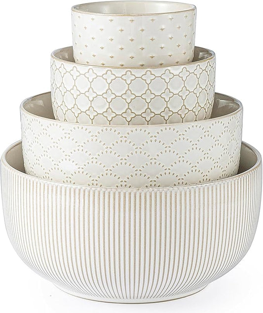 Mikiegy Ceramic Mixing Bowls Set of 4, Nesting Ceramic Embossment Stoneware Mixing Bowls for Cooking, Serving, Popcorn, Salad etc, Microwave & Dishwasher Safe, 20/44/98/145 oz, Off-White by MIKIGEY