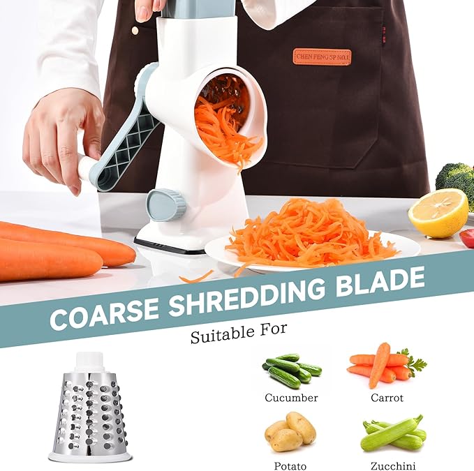Rotary Cheese Grater with Handle Kitchen Shredder Slicer Grater Slicer Ice Shaver Cheese Vegetable Nuts Potato Zucchini Chocolate 3 Interchangeable Blades (WhiteBlue) - Image 3