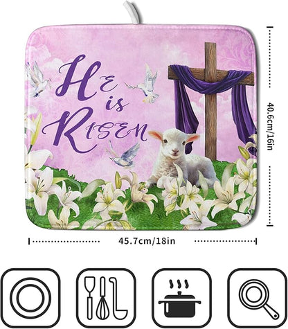 Giwawa Easter Purple Dish Drying Mat, He is Risen Cross Lamb Floral Dish Drainer Mats, Spring Lily Flowers Reversible Dish Drying Rack Pad Protector for Kitchen Countertop Decor, 16"x18"