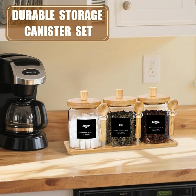 Suclain 3 Pcs Glass Coffee Container with Wooden Lid Spoon Shelf Labels Clear Airtight Jar Food Storage Canister Set for Sugar Spice Coffee Bean Holder Housewarming Gift(20 oz,Natural Bamboo) - Image 6