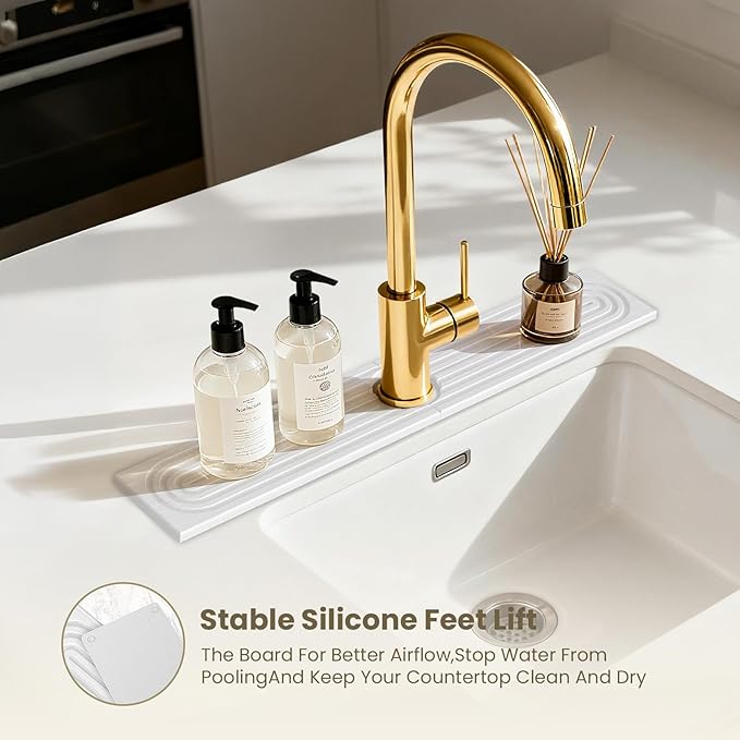 Premium Diatomite Stone Drying Mat for Kitchen Counter - Faucet Mat for Kitchen Sink, Sink Protector & Splash Guard, Quick-Dry Kitchen Sink Mat,Super Absorbent (White, 23.6" x 4") - Image 2