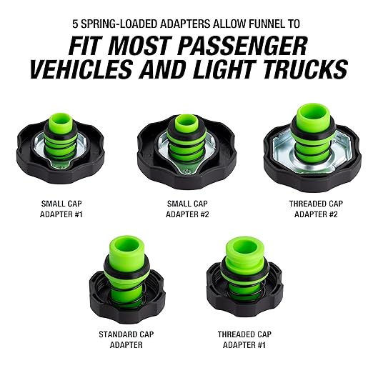 OEMTOOLS 87043 No-Spill Professional Quality Coolant Funnel Kit, Easily Fill Antifreeze Coolant Set Includes 5 Adapters, Extensions, and Automotive Funnel, Air Venting, Drip-Free, Green - Image 6