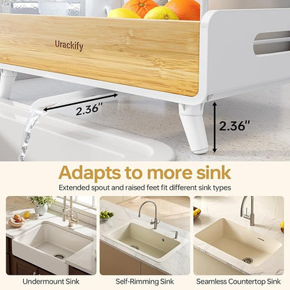 Urackify 2-Tier Dish Drying Rack, Large Stainless Steel & Bamboo Dish Rack for Kitchen Counter, Dish Drainers with Adjustable Automatic Spout, Drying Rack Kitchen with Utensil Holder, White - Image 6