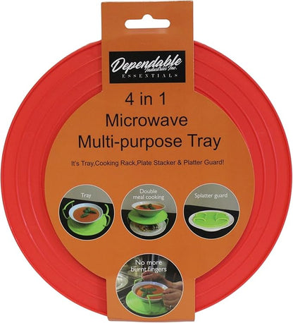 Microwave Multipurpose 4 in 1 Tray Stand Rack Splatter Guard Carry Tray Stacking Shelf (2, Red)