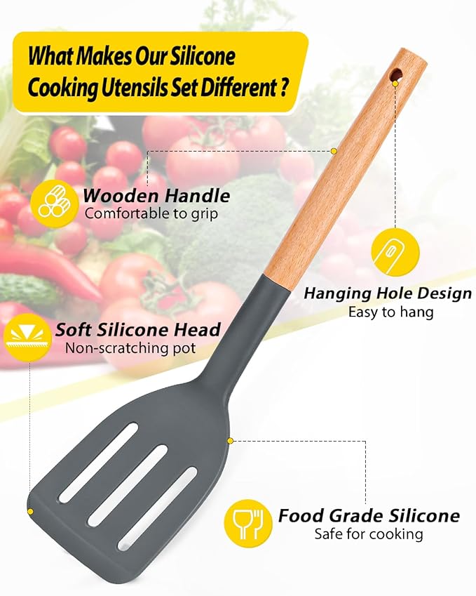 Pack of 4 Silicone Cooking Utensils Set, Non Stick Solid Spatulas and Heat Resistant Slotted Spoons with Wooden Handle, Ideal Wood Kitchen Utensils Set for Frying,Serving,Turning,Stirring (GRAY) - Image 2