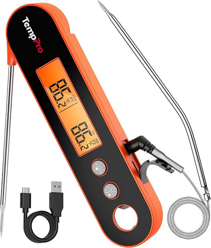 TempPro TP610W Rechargeable Instant Read Thermometer for Cooking, Stainless Steel Meat Thermometer Digital with Alarm, Waterproof Cooking Thermometer for Grill, Smoker, BBQ (Previously ThermoPro) by TempPro
