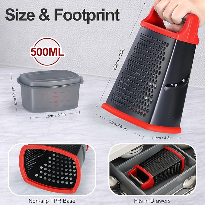 Ourokhome Cheese Grater with Handle, Stainless Steel Box Grater, 4 Side Kitchen Vegetable Shredder Slicer Zester with Container for Parmesan, Cabbage, Ginger, Lemon, Chocolate, Coconut (Red and Black) - Image 3